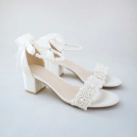 Kailee P. Satin Block Heel Wedding Sandals with Perla Appliqué and Pearl strap - Picture 1 of 1